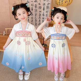 女童连衣裙2024夏季小女孩中国风汉服裙儿童渐变超仙公主裙子