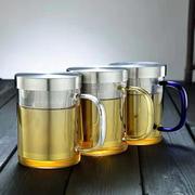 玻璃三件式泡茶杯不锈钢内胆过滤带把直觉杯加厚家用玻璃花茶杯