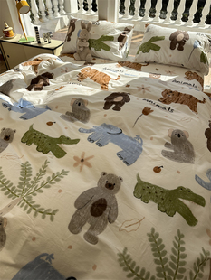 童趣涂鸦动物园床上纯棉四件套1.5m1.8米公寓，全棉床单被套三件套