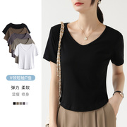 黑色t恤女短袖v领夏季显瘦简约舒适半袖纯色打底衫修身上衣潮