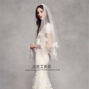 清透韩国纱蕾丝头纱，新娘结婚短款双层发梳头纱影楼样片造型配饰