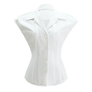 复古优雅甜美经典白色性感修身纯棉短袖v领衬衫女士衬衣包袖上衣