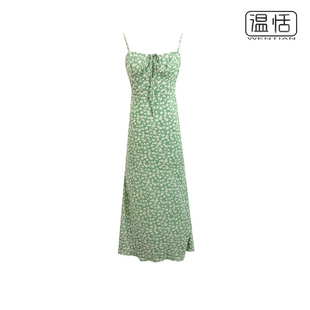 法式领口系带设计抹胸连衣裙绿色显白碎花收腰过膝吊带裙