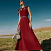 BA7050 酒红色无袖系带长裙 手工缝钻 迪拜旅游时髦连衣裙