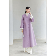 山有色大衣女秋冬新中式女装高级感100%澳毛羊毛加厚紫色毛呢外套