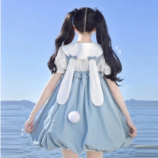 夏季套装女学生韩版日系可爱兔耳朵白衬衫+爱心口袋花苞裙两件套