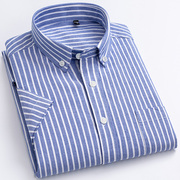 纯棉蓝白竖条纹短袖衬衫，男潮日系灰黑白大直条纹，衬衣宽松半袖寸衫