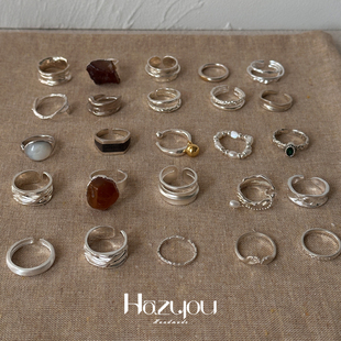 hazyou戒指合集小众设计925999银，珍珠开口闭口尾戒简约男女情侣