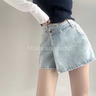 牛仔短裤女假两件高腰，显瘦夏季韩版宽松个性阔腿牛仔裙裤