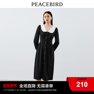 太平鸟黑色法式长款连衣裙2023秋季娃娃，领长袖高级感长裙女