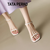 TATA PERKO联名女鞋白色粗跟凉鞋真皮一字带露趾复古中跟方头女鞋