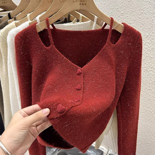 V领针织衫开衫女秋冬修身打底衫设计感小众红色毛衣内搭短款上衣