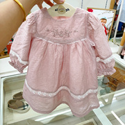 韩国高端童装 23春女宝童粉色刺绣花朵蕾丝拼接长袖连衣裙N7