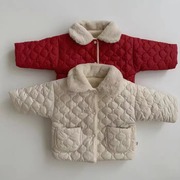女童棉服外套秋冬装婴儿加绒加厚保暖棉衣宝宝两面穿红色翻领衣服