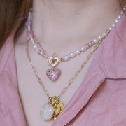 「桃子硬糖」原创复古甜美法式ins粉色爱心琉璃串珠淡水珍珠项链