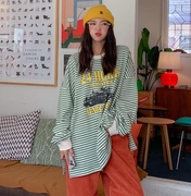秋季女装韩国Lylon宽松条纹中长款字母百搭舒适长袖T恤