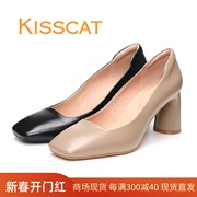 KISSCAT接吻猫2024春款粗跟高跟鞋方头羊皮百搭黑色职业女鞋单鞋