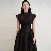  越南小众设计师质感褶皱高腰显瘦黑色透视连衣裙长裙礼服