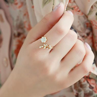 韩版时尚镶钻扭曲树叶，如意花朵开口戒指食指指环女饰品d028