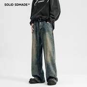 SOLID SDMADE美式水洗做旧牛子裤男春季宽松复古微喇直筒裤子