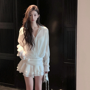 fairyjiang夏季白色衬衫连衣裙，收腰绑带蛋糕裙，短裙含吊带背心
