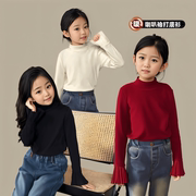 女童加绒喇叭袖打底衫2023秋冬季半高领韩版儿童长袖内搭上