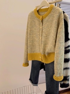 小香风黄色短款毛衣外套，女秋冬冬季加厚慵懒风，小个子针织开衫上衣