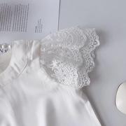 女童白色雪纺衫夏季蕾丝小飞袖衬衫上衣中小童女宝宝圆领公主T恤