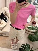 智研韩国23年夏季纯棉薄款纯色，大圆领粉色，小版合身款气质t恤