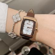 蒂米妮士手表小巧贝壳面腕表，镶钻表盘女小方形玫瑰金软皮带时尚