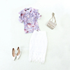 2件夏季雪纺印花薄款半袖，小衫+包臀蕾丝，半裙ol套装