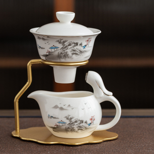 陶瓷全自动懒人茶具，磁吸出水羊脂玉功夫茶具，盖碗茶杯套装家用防烫