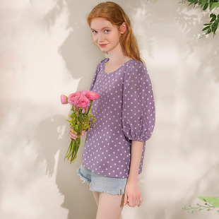 米可帛恩春夏丝棉复古波点俏皮减龄时尚感紫色中袖小个子女短上衣
