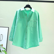 果绿色拼接设计感长袖棉布衬衫女2023春秋小清新减龄休闲通勤上衣