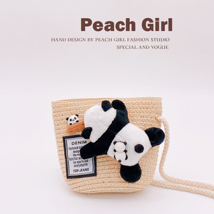peachgirl国潮熊猫花花果赖可爱(赖可爱)布贴，儿童草编拉链零钱包手机包女