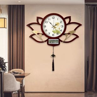 荷花挂钟中式禅意挂墙时钟中国风带日历家用客厅时尚石英钟表