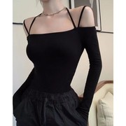 黑色长袖吊带t恤女夏季2023辣妹设计感小众，修身显瘦性感上衣