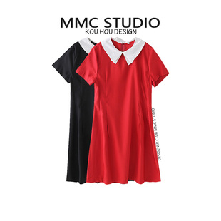 MMC 连衣裙女夏学生森系纯色宽松时尚小翻领波西米亚风红色中长裙