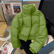 韩国绿色加厚立领铺棉外套棉服女装秋冬季2023棉袄面包服高腰短款