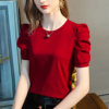 新年红短袖t恤女春季纯色半袖棉体恤褶皱泡泡袖设计感上衣女