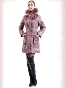 冬季时尚真毛领驼绒服印花淑女气质修身中长可爱欧美高端带帽棉服
