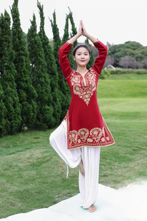 印度瑜伽服套装女春季绵绸刺绣，宽松瑜珈服禅修服中长款酒红色