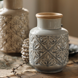 左岸麦田多米诺浮雕花纹，复古花瓶摆件家居，饰品美式陶瓷花器高低款