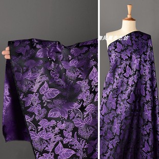 黑底紫色树叶花织锦缎面料丝滑植物花卉提花肌理中式外套马甲布料