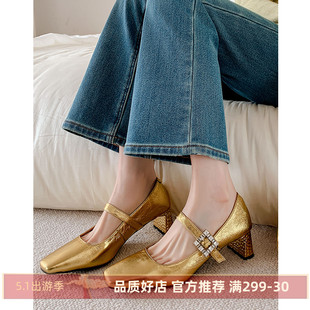 kmeizu优雅千金~5cm粗跟水钻，玛丽珍鞋女春季金银色(金银色)一字扣带小单鞋
