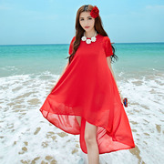 2024年沙滩裙宽松裙子红色燕尾雪纺连衣裙海边度假长裙夏天仙