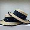 麦秆编织草帽女夏天适合海边拍照的帽子，沙滩法式平顶毛边礼帽