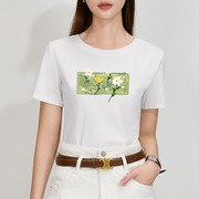 白色t恤女2024春夏女装，卡通花卉印花短袖棉体恤气质收腰上衣