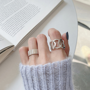 日韩S925纯银戒指女个性阶梯简约戒指时尚镂空圈圈开口戒指银指环