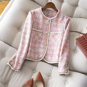 小个子粉色线格纹小香风花呢织带外套手工镶钻扣设计上衣秋季